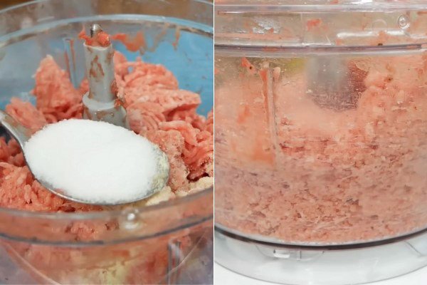 Thịt heo đã xay sơ và ướp gia vị chuẩn bị làm giò sống