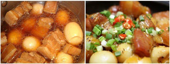 Thịt kho tàu trứng cút đang được hầm liu riu trong nồi đất