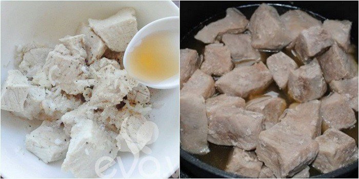 Thịt lợn đã thái miếng được ướp đều với các loại gia vị để làm ruốc
