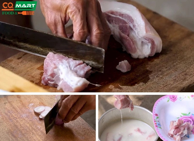 Thịt lợn tươi, hành tím và các loại gia vị chuẩn bị cho món thịt hộp