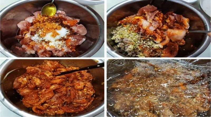 Thịt nai đang được ướp với gia vị trong tô