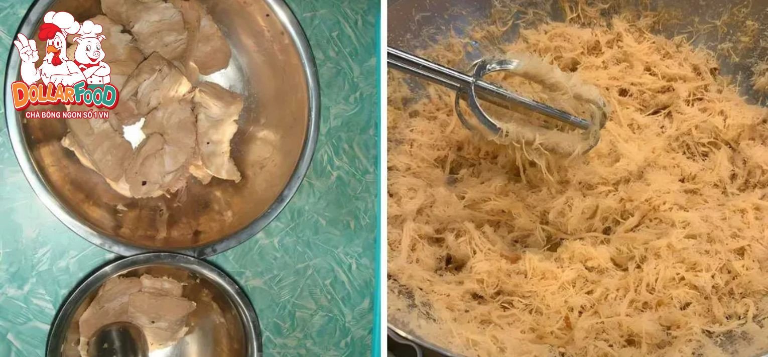 Thịt rim và đang giã thành ruốc