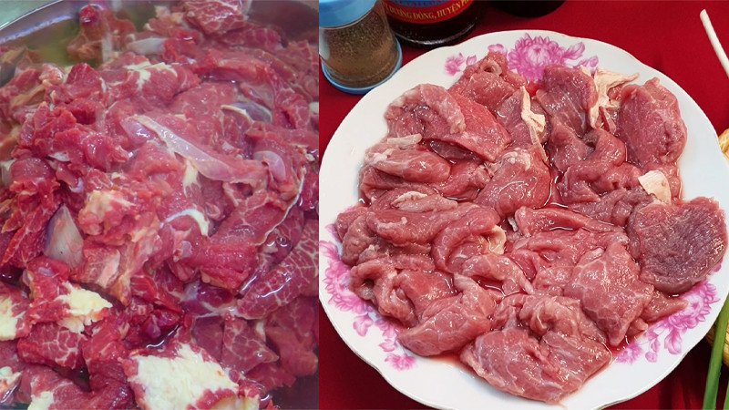 Thịt trâu đã được sơ chế sạch sẽ và thái lát mỏng ngang thớ để đảm bảo thịt trâu mềm khi xào
