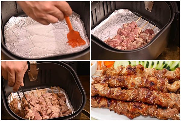Thịt xiên nướng đều màu và thơm lừng sau khi nướng bằng nồi chiên không dầu