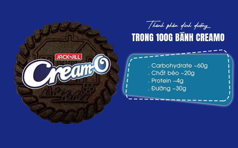 Thông tin dinh dưỡng in trên bao bì bánh Cream O, hiển thị các chỉ số năng lượng và thành phần