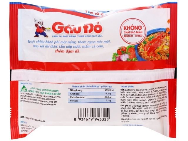 Thông tin dinh dưỡng trên bao bì gói mì Gấu Đỏ