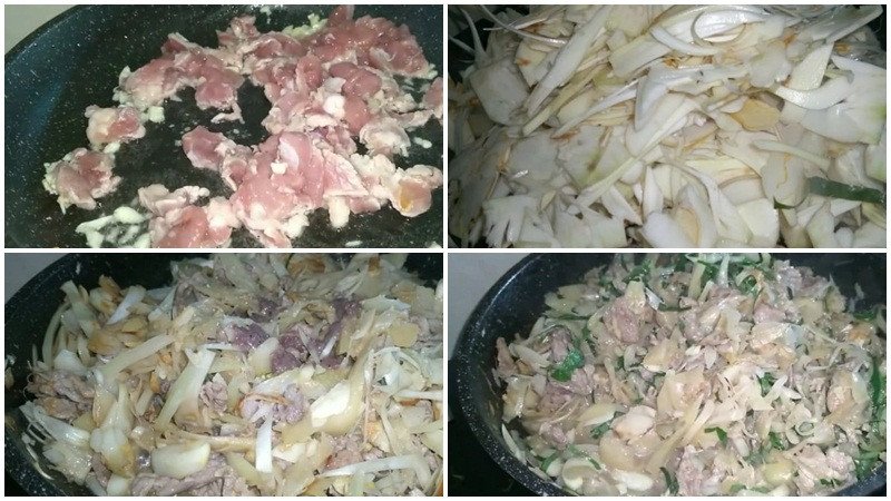 Thực hiện cách xào mít non lá lốt trên chảo nóng hổi.
