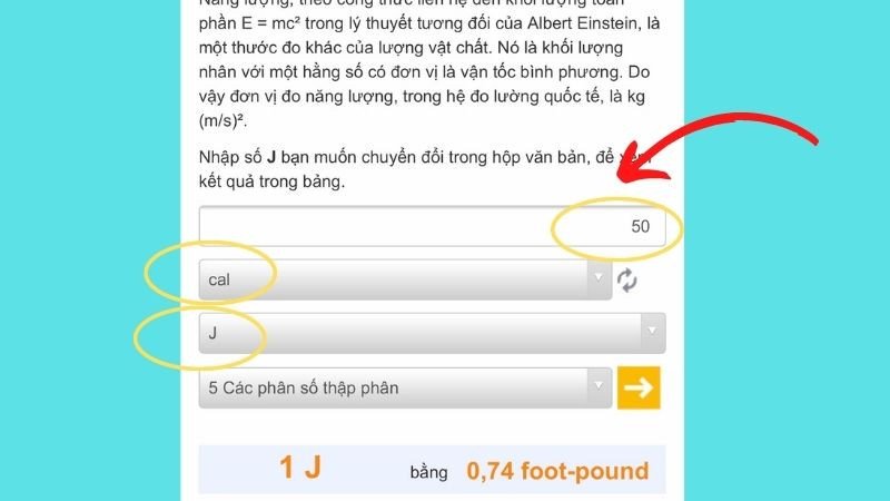 Thực hiện chuyển đổi calo sang jun trên Convert World