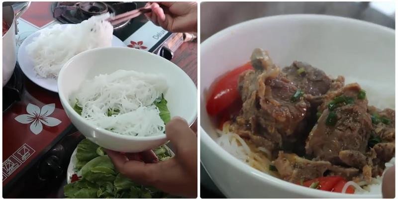 Thưởng thức tô bún xương heo nóng hổi kèm rau sống