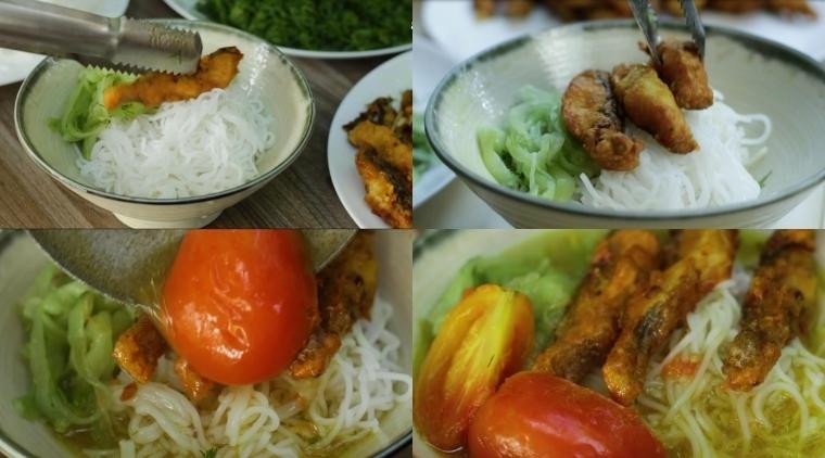 Tô bún cá rô phi chiên giòn thơm ngon hấp dẫn với nước dùng nóng hổi, rau thơm và cá vàng ươm