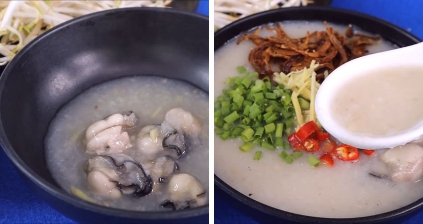 Tô cháo hàu đã hoàn thành nóng hổi, trang trí đẹp mắt