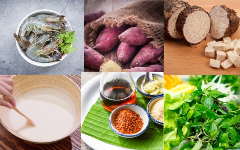 Tôm tươi và khoai lang làm bánh