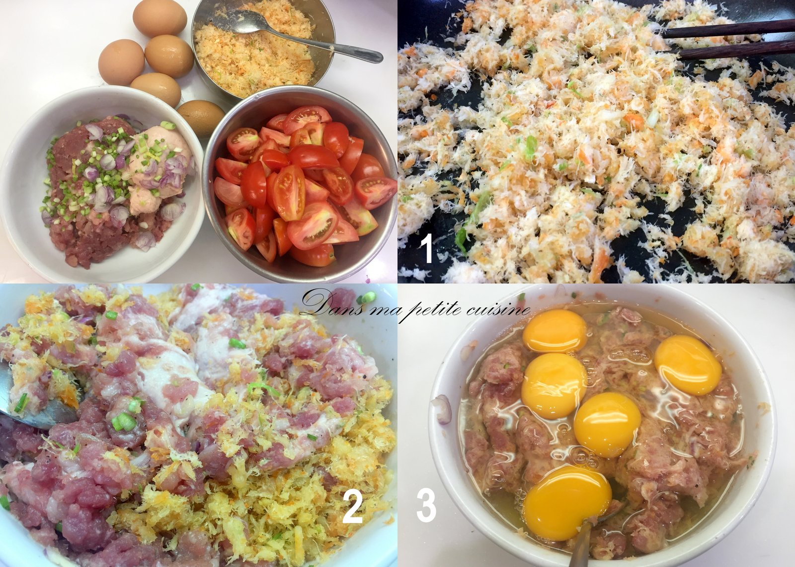 Tổng hợp các bước chế biến món bún riêu trứng thịt, từ sơ chế nguyên liệu đến xào cà chua và thả riêu vào nồi nước dùng.
