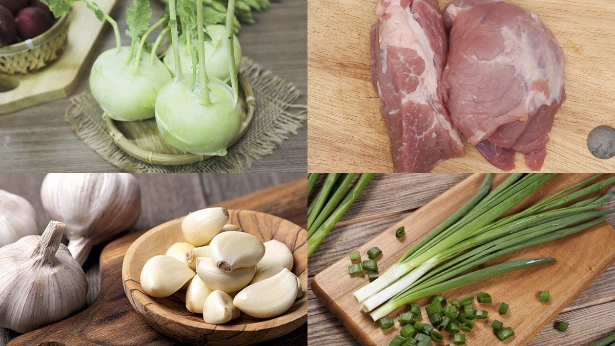 Tổng hợp các nguyên liệu cần thiết để làm món cách xào su hào với thịt lợn