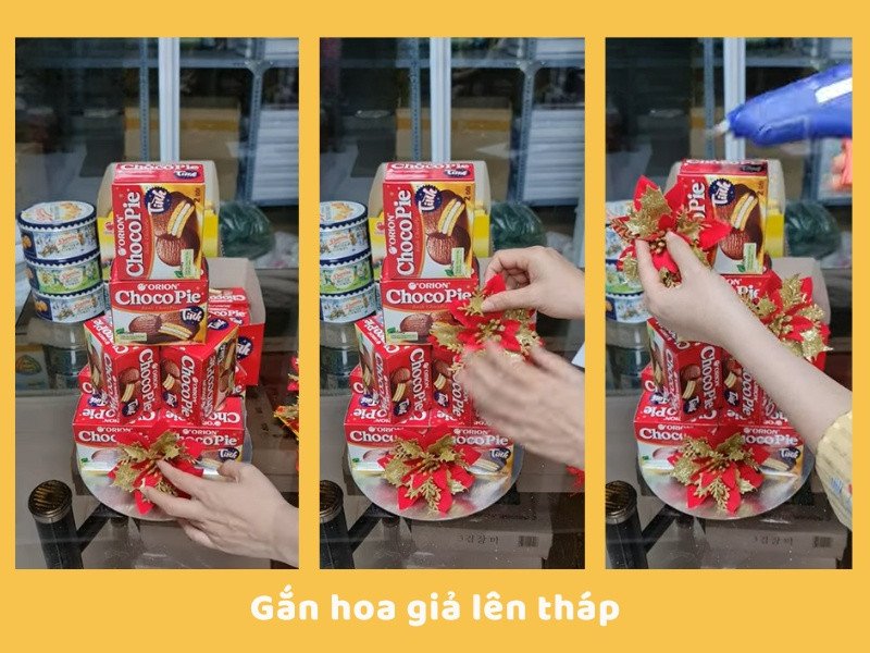 Trang trí tháp bánh Chocopie bằng hoa giả rực rỡ