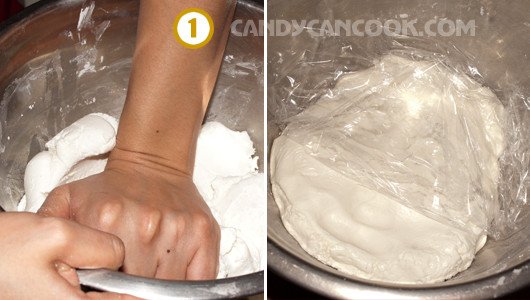 Trộn bột nếp và nước để làm vỏ bánh chè trôi nước đường nâu, chuẩn bị ủ bột