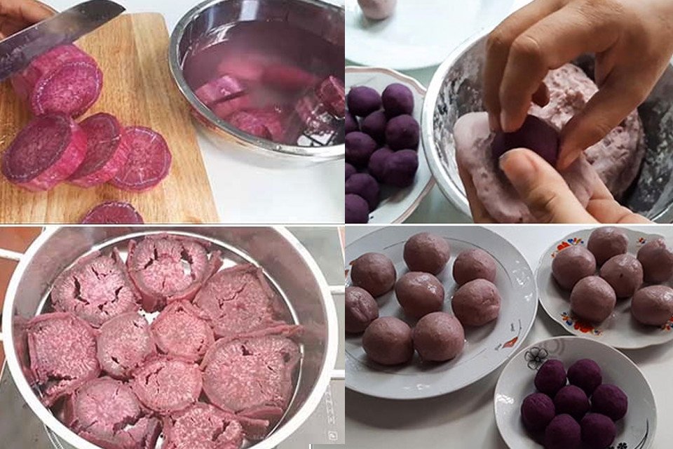 Trộn bột và tạo hình viên bánh khoai lang trước khi chiên