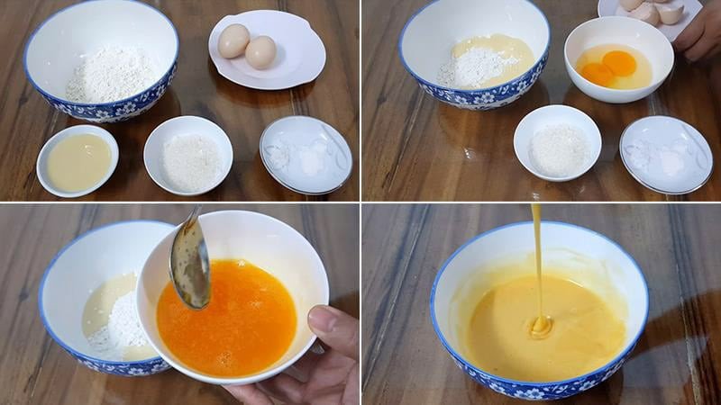 Trộn đều bột mì, trứng và sữa tạo hỗn hợp bánh bột mì chiên mịn màng
