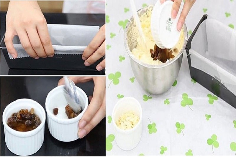 Trộn nho khô vào hỗn hợp bột bánh bông lan hạnh nhân