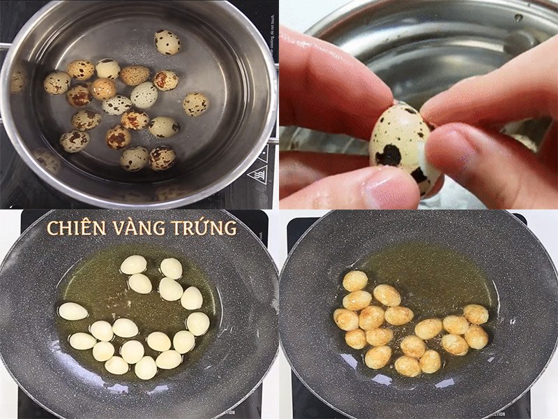 Trứng cút đã được luộc chín và chiên vàng đều, sẵn sàng cho vào nồi thịt kho tàu tăng thêm hương vị.