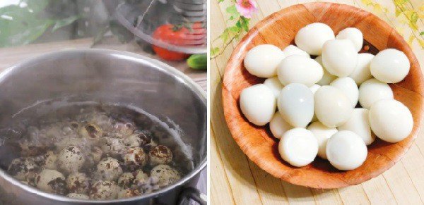Trứng cút luộc chín và bóc vỏ sẵn sàng để sốt cà chua