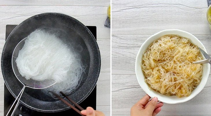 Trụng miến để làm miến xào thịt băm dai ngon