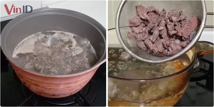 Trụng thịt bò nhanh trong nước sôi để làm sạch và giữ độ ngọt