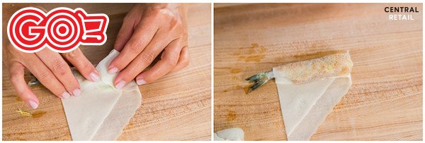 Từng chiếc chả giò tôm thịt được cuốn khéo léo, đều tay, sẵn sàng chiên vàng giòn.