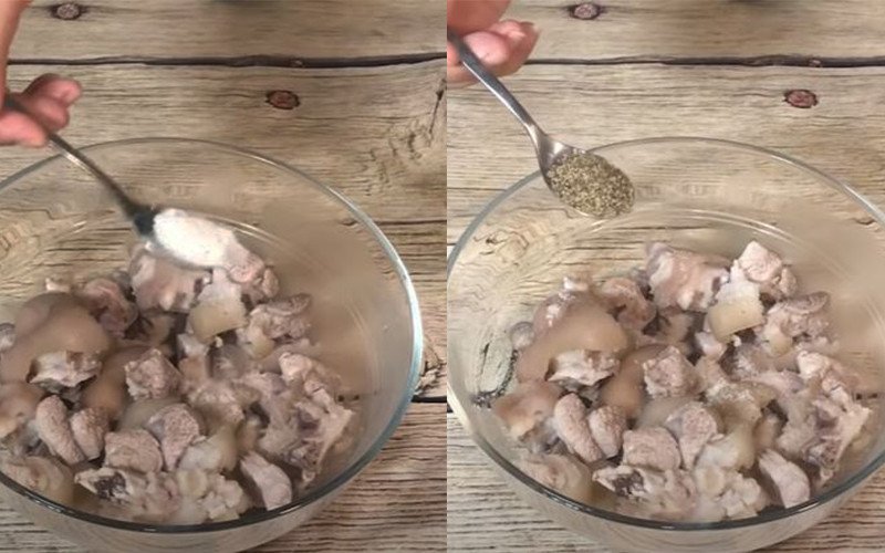 Ướp chân giò và thịt để nấu món thịt đông chân giò miền Bắc.