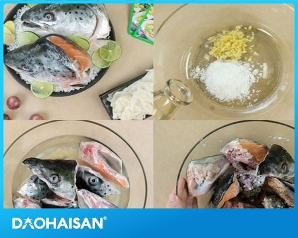 Ướp đầu cá hồi với gia vị để thấm đều