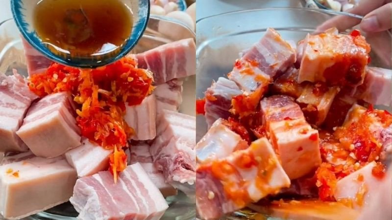 Ướp thịt ba rọi thấm đượm gia vị chuẩn bị kho hột vịt