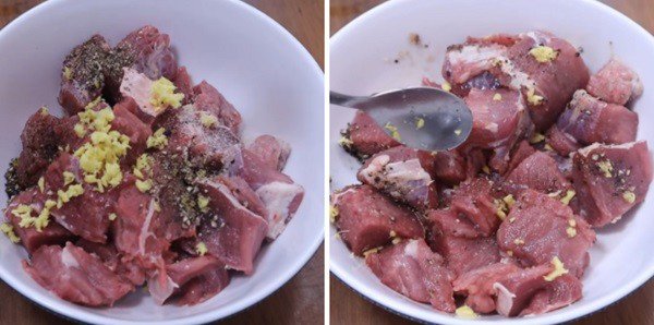 Ướp thịt bò với các loại gia vị để chuẩn bị nấu canh