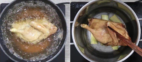 Vịt tiềm thuốc bắc nguyên con đã nhồi nhân sẵn sàng để hầm