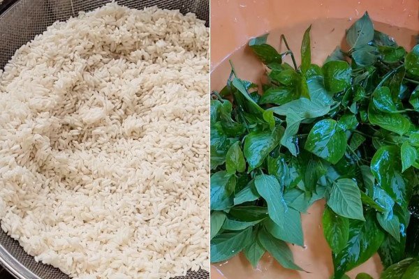 Vo sạch gạo nếp và sơ chế lá cẩm để nấu xôi cẩm tím