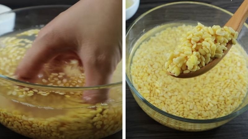 Vo và ngâm đậu xanh để làm bánh nướng bằng nồi chiên không dầu