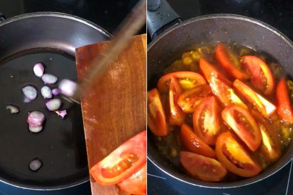 Xào cà chua cùng hành tím tạo màu sắc và vị chua nhẹ cho nồi bún sườn dọc mùng