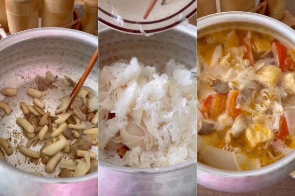 Xào cà chua và măng chua tạo hương vị cho món canh chay