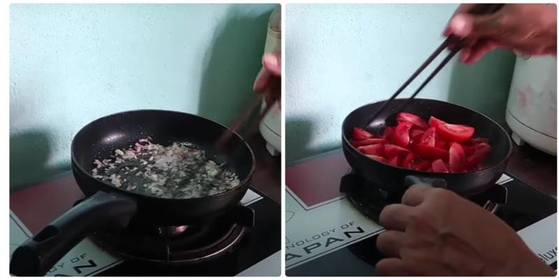 Xào cà chua với dầu màu điều giúp nước dùng có màu sắc hấp dẫn