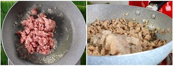 Xào chín thịt và tôm để nhân bánh bèo thấm vị