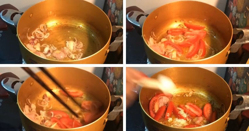 Xào nguyên liệu nấu canh chua cá tầm