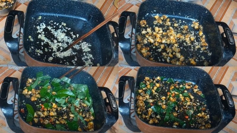Xào ốc bươu với lá lốt trên lửa vừa