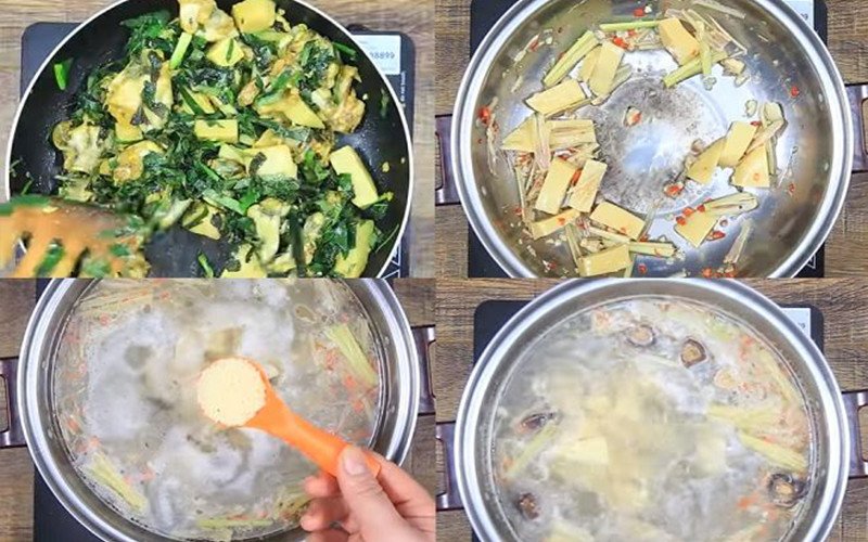 Xào sả ớt và các nguyên liệu tạo hương cho nước dùng lẩu ếch Thái