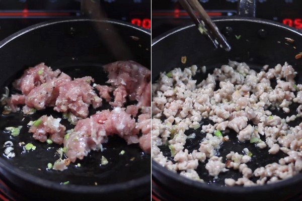 Xào thịt băm thơm lừng trước khi nấu canh khoai mỡ