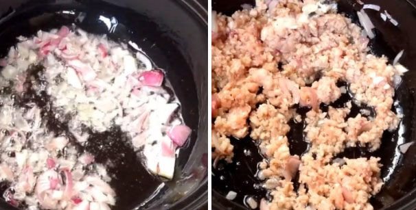 Xào thịt băm trước khi cho rau mồng tơi vào canh
