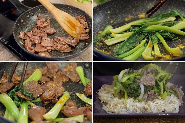 Xào thịt bò và rau củ trên lửa lớn để món phở xào ngon chuẩn