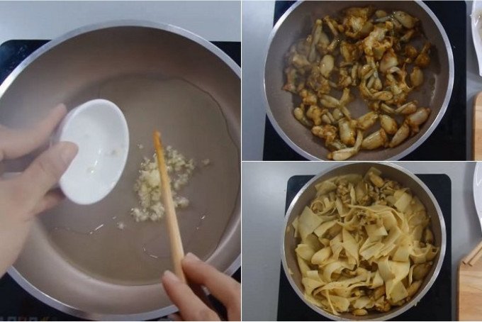 Xào thịt ếch cùng măng tươi để làm món lẩu ếch thơm ngon