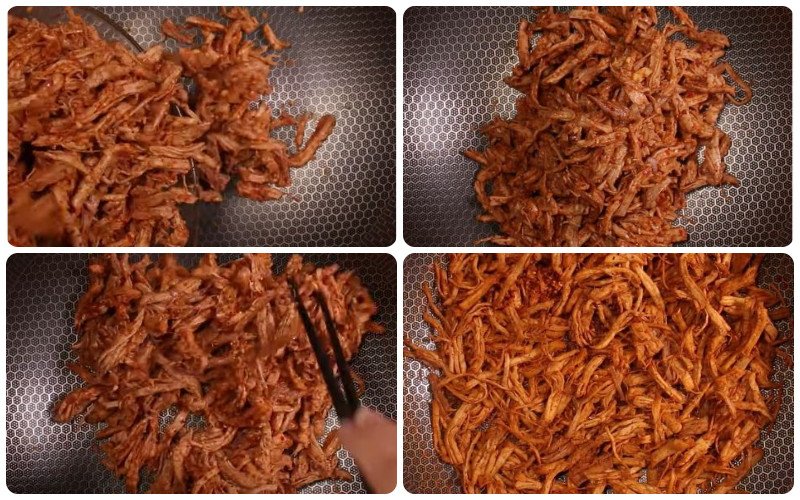 xào thịt heo khô trên chảo