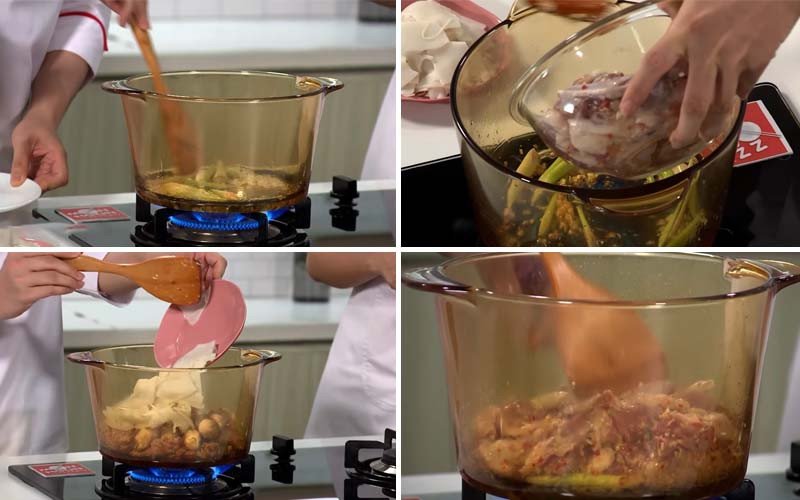 Xào thịt vịt với sả và măng chua để hương vị bún vịt sả thêm phần hấp dẫn