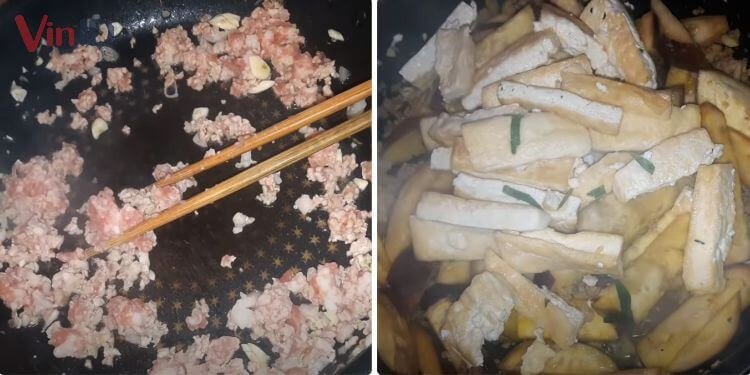 Xào thịt xay và đậu hũ với gia vị chuẩn bị cho món canh cà tím lá lốt