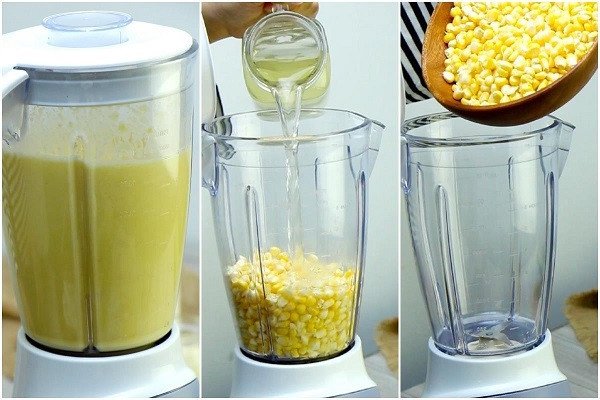 Xay nhuyễn hạt bắp với nước luộc để làm sữa bắp
